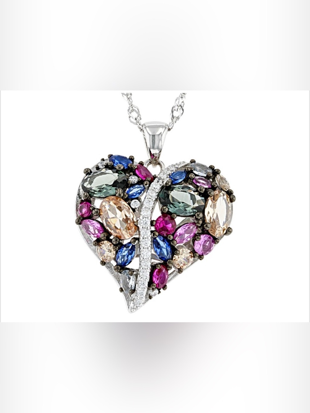Multi-Gemstone Simulants Rhodium Over Sterling Silver Heart Pendant With Chain